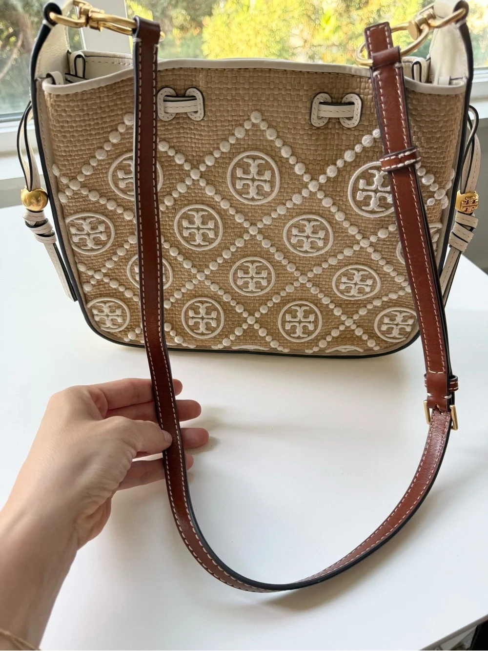 Tory Burch Tan Raffia Crossbody with White Embroidered Logo Pattern